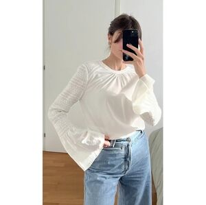A.L.C. White Blouse with Bell Sleeves and Ruffled Style size 4
